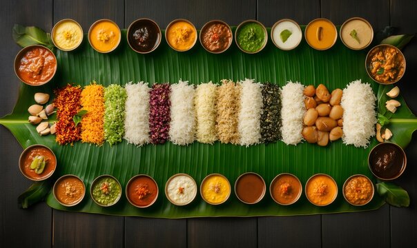 Colorful indian meal spread on banana leaf, presenting traditional rice varieties, spicy curries, tangy chutneys celebrating festive culinary heritage