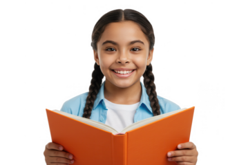 Smiling girl reading an orange book isolated on transparent background