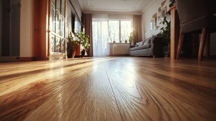 High-quality photo of low angle shot focuses on luxury vinyl plank flooring inside home. Floor wood planks create warm, cozy ambiance in house interior. Laminate parquet design.