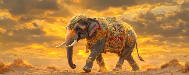 Richly adorned elephant walking through golden desert sands during sunset, highlighting vibrant cultural symbolism of indian festive celebrations