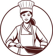 Woman chef in toque and apron holding frying pan in circular frame cooking kitchen