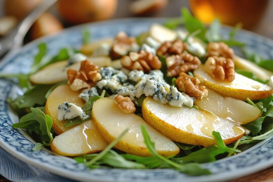 A close-up of a vibrant salad with arugula, pears, and blue cheese, garnished with walnuts and a honey dressing