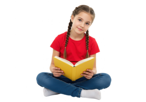 Girl with braids reading a book while sitting isolated on transparent background