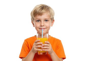 Young boy drinking juice with straw in glass isolated on transparent background
