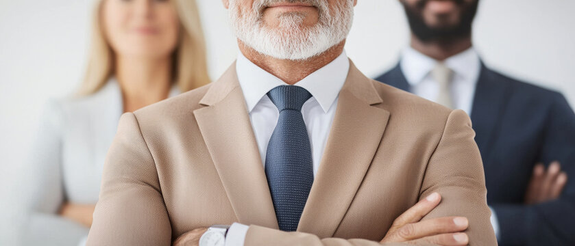 Confident senior businessman beige suit stands with arms crossed, symbolizing leadership and professionalism, with diverse team background, emphasizing human resources and recruitment diversity - Powered by Adobe