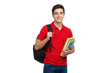 Smiling student in red shirt with books isolated on transparent background