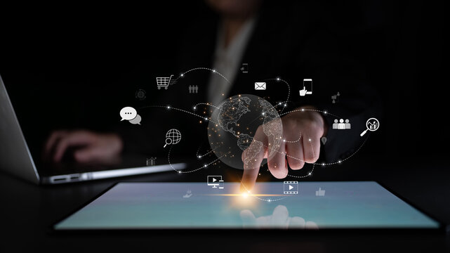 Visualization of global digital communication and online across multiple platforms, including global network, digital network, communication network, and online network. Latch