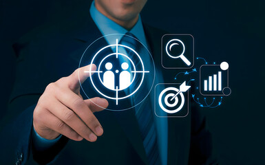 Businessman targeting new customers for business growth and success with modern technology interface
