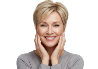 Smiling woman with hands on face portrait isolated on transparent background