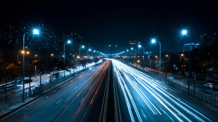 A wide-angle view of a bustling expressway at night, with illuminated streetlights and traffic flowing smoothly, showcasing the citys vibrant nightlife.