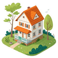 Charming Suburban House Illustration Isometric View of Family Home with Trees and Landscaping Isolated On Transparent Background
