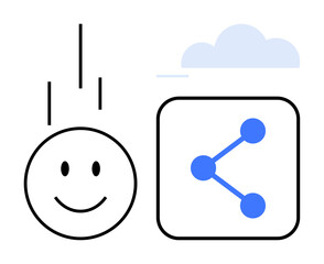 Happy face alongside sharing network icon below a cloud. Ideal for social media, communication, collaboration, technology, networking, positivity, and a simple landing page