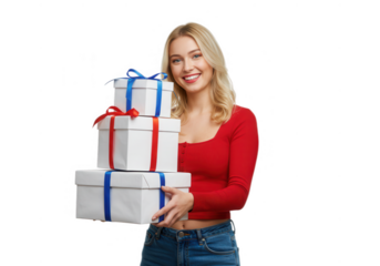 Smiling woman holding stacked gifts with ribbons isolated on transparent background