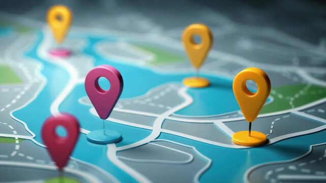 Close-up of a map with pins marking locations, ideal for travel or business presentations