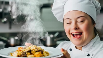 Female chef with Down syndrome showcases her culinary skills with a delicious homemade dish in a busy restaurant kitchen