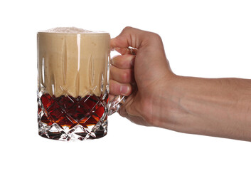 Man with glass mug of tasty beer on white background, closeup
