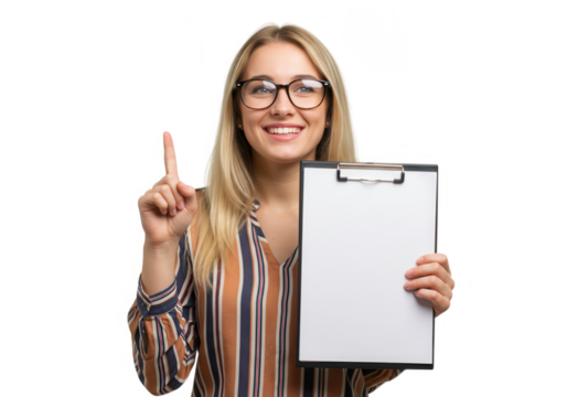 Smiling woman holding clipboard and pointing up isolated on transparent background