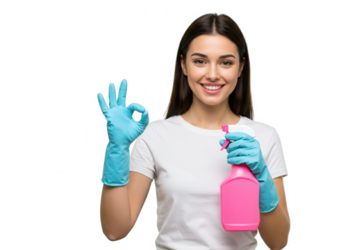 Smiling woman with spray bottle and gloves making ok sign isolated on transparent background - Powered by Adobe