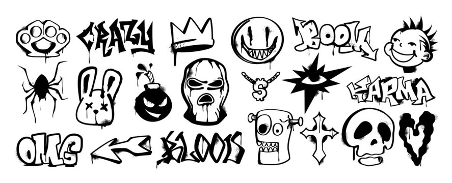 Set of black graffiti-style icons and text including skulls, faces, and symbols on white background, representing urban street art concept. Vector illustration