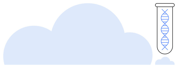 Blue cloud shape merging with DNA strand in test tube, symbolizing genetics and technology. Ideal for biotech, innovation, cloud computing, DNA research, future, science, simple flat metaphor