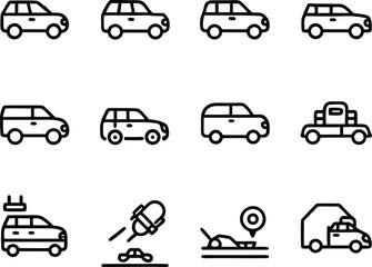 Bold Black Line Art Vehicle Icons: SUV, Truck, Van, and Car Graphics Set