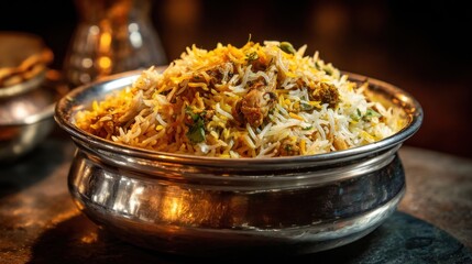 High-quality photo of spicy chicken biryani cuisine in a shiny silver bowl, authentic Indian food, serving fancy food in a restaurant.