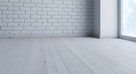 Fototapeta premium Interior background of an empty room corner in winter. Features a white painted brick wall, light wood flooring, and a large window with frost. Perfect for product mockup or display.