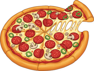Hot cheesy pizza slice with pepperoni, mushrooms, sausage, green peppers, golden crust, delicious food, fresh baked, appetizing meal
