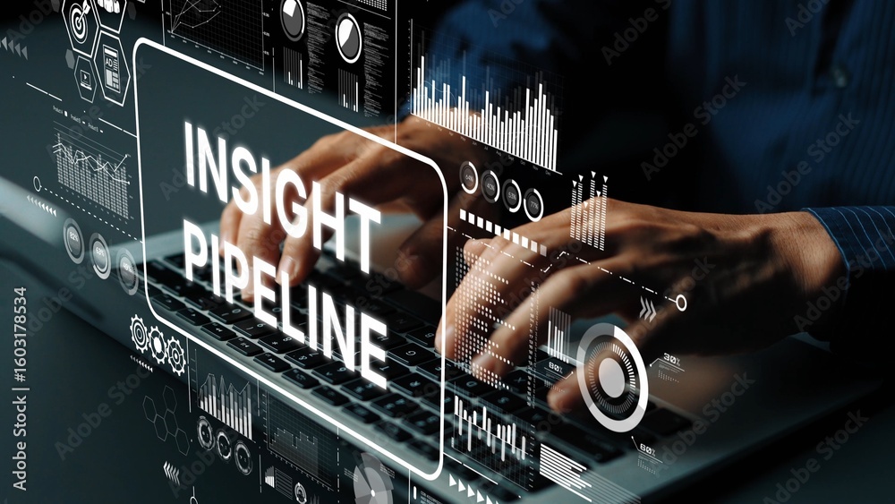Poster modern data analysis concept with the text insight pipeline on a laptop screen and hands typing on a