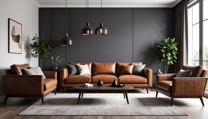 Modern living room with brown leather furniture and dark walls
