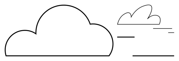 Two cloud outlines in a simple line style, one larger and one smaller, with linear motion lines. Ideal for weather, environment, speed, air, minimalism, nature simple landing page