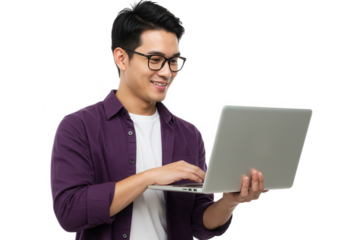 Smiling man using laptop in purple shirt isolated on transparent background