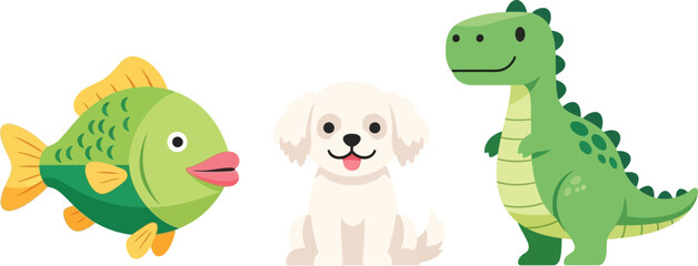 Naklejka premium Illustration of a green fish, a white dog, and a green dinosaur on a white background