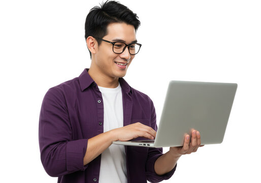 Smiling man using laptop in purple shirt isolated on transparent background