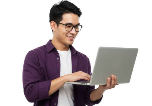 Smiling man using laptop in purple shirt isolated on transparent background