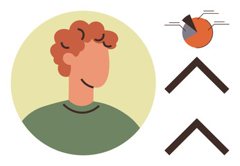 Smiling person in a green shirt, pie chart with data segments, and upward arrows. Ideal for teamwork, data analysis, leadership, growth, strategy success education. Simple flat metaphor