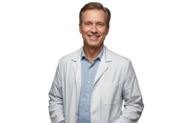Smiling man in lab coat with light blue shirt isolated on transparent background