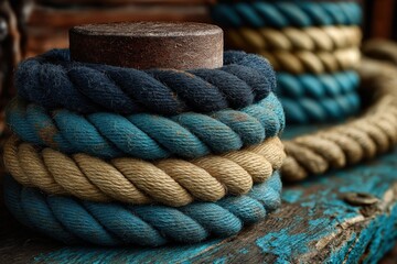 Colorful nautical ropes coiled around rusty bollard on wooden dock