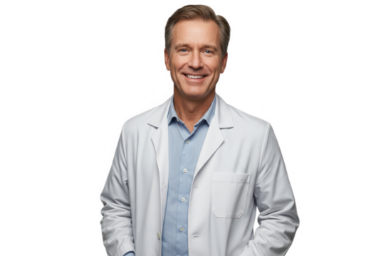 Smiling man in lab coat with light blue shirt isolated on transparent background