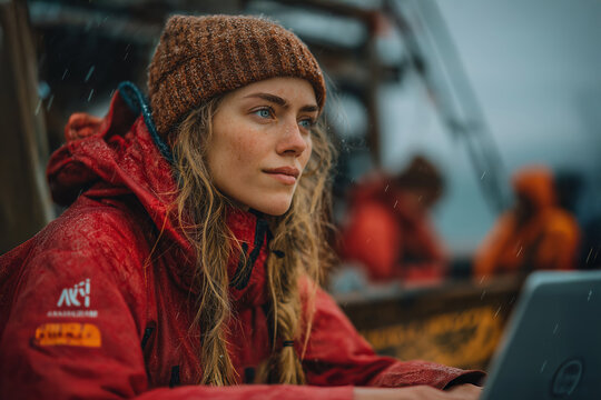 Scientist working on a laptop during a polar expedition in the rain