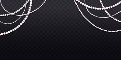 White pearl bead garlands hanging from top corners, decorative style, on a dark transparent checkered background, concept of luxury and elegance. Vector illustration