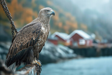 Fototapeta premium White-tailed eagle perching on metal beam in fishing village