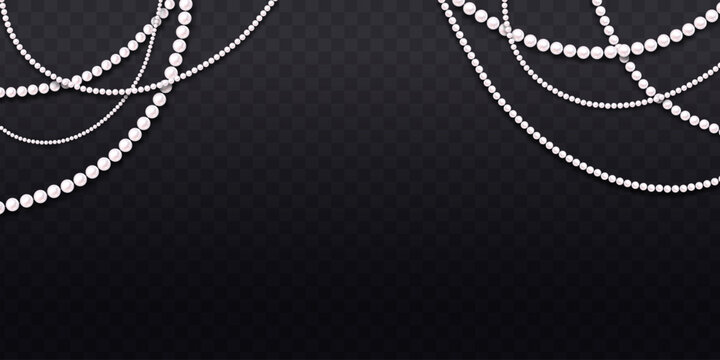 White pearl bead garlands hanging from top corners, decorative style, on a dark transparent checkered background, concept of luxury and elegance. Vector illustration