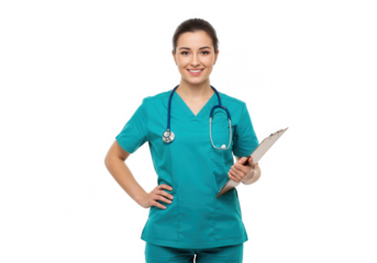 Smiling female nurse holding clipboard isolated on transparent background