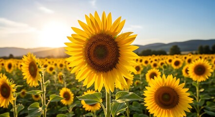 Fototapeta premium Blooming Sunflower Field at Sunset with Blue Sky and Distant Hills