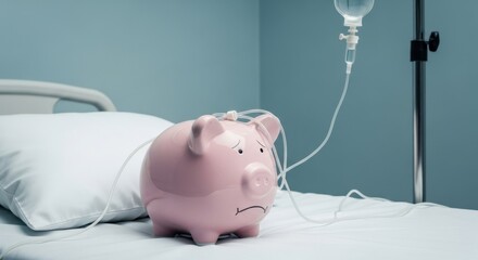 A sad pink piggy bank lies on a hospital bed, receiving an IV drip, visually symbolizing financial crisis, healthcare costs, medical expenses, and the economic burden of illness.