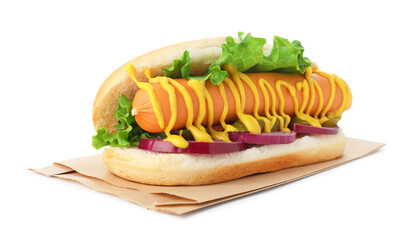 Tasty hot dog with pickles, lettuce, onion and mustard isolated on white