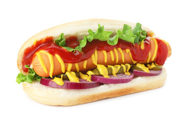 Tasty hot dog with pickles, lettuce, onion, ketchup and mustard isolated on white