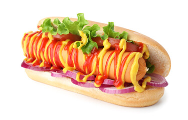 Tasty hot dog with vegetables, mustard and ketchup isolated on white