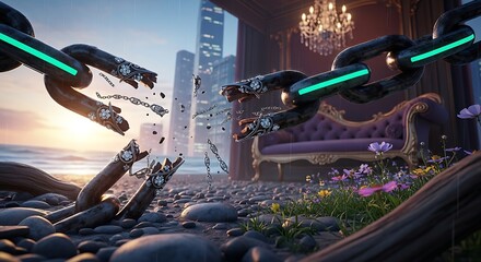 Breaking Chain with City and Beach Backdrop Freedom Concept